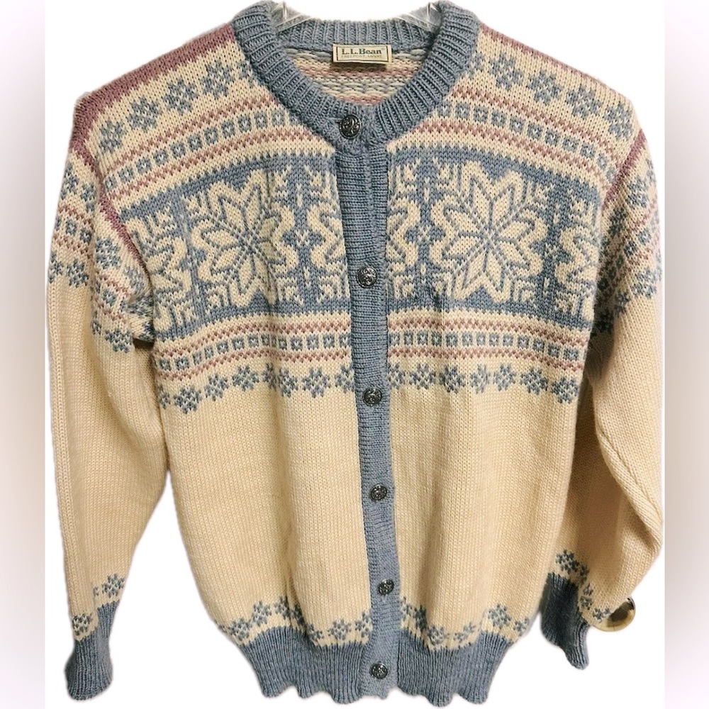 Vintage L.L.Bean 100% Wool Nordic Fair Isle Button Cardigan Sweater|Med